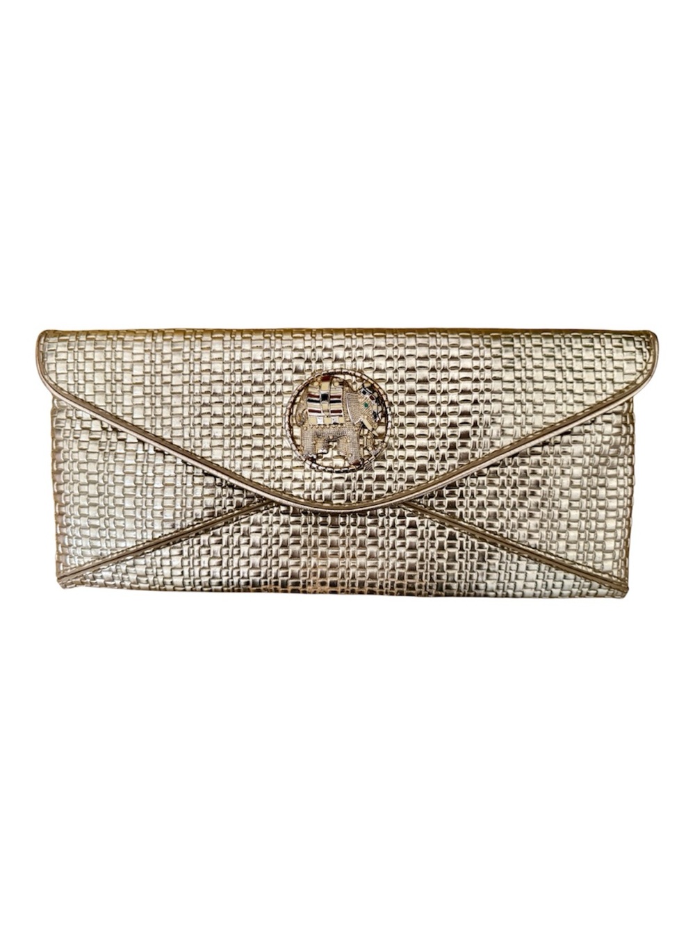 Lily Pulitzer Metallic Gold Woven Envelope Clutch with Elephant - READ